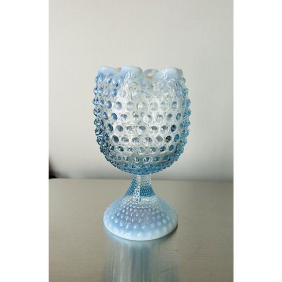 EUC Duncan Miller Blue Opalescent Glass Footed Hobnail Vase Ruffle Crimped - Picture 4 of 16